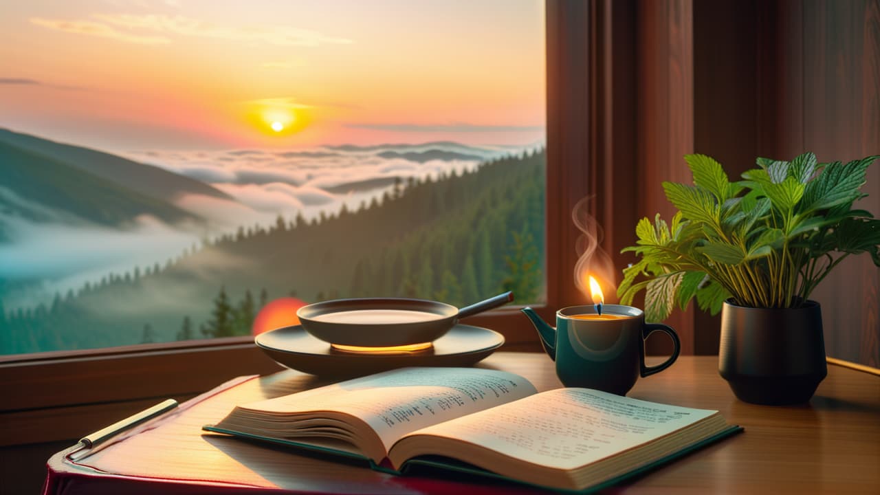  a cozy sunrise scene featuring a peaceful bedroom with soft morning light, a neatly made bed, a journal and pen on a nightstand, and a steaming cup of herbal tea beside a glowing candle. hyperrealistic, full body, detailed clothing, highly detailed, cinematic lighting, stunningly beautiful, intricate, sharp focus, f/1. 8, 85mm, (centered image composition), (professionally color graded), ((bright soft diffused light)), volumetric fog, trending on instagram, trending on tumblr, HDR 4K, 8K