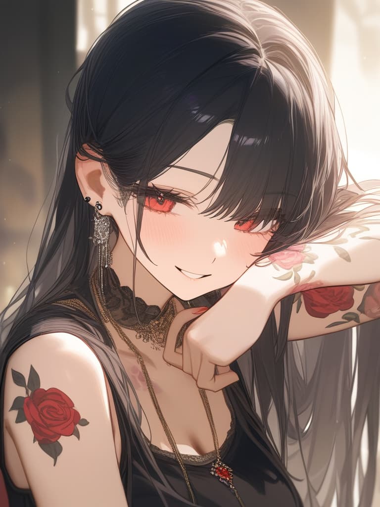  long hair, black hair, hair tips are pink, red eyes, hanging, bangs, and length of bangs, adults, adult faces, piercings, necklaces, hair are light pink and black, thin makeup on the arm. there is a rose tattoo, a rose tattoo on your arm, smiling, masterpiece, best quality,8k,ultra detailed,high resolution,an extremely delicate and beautiful,hyper detail