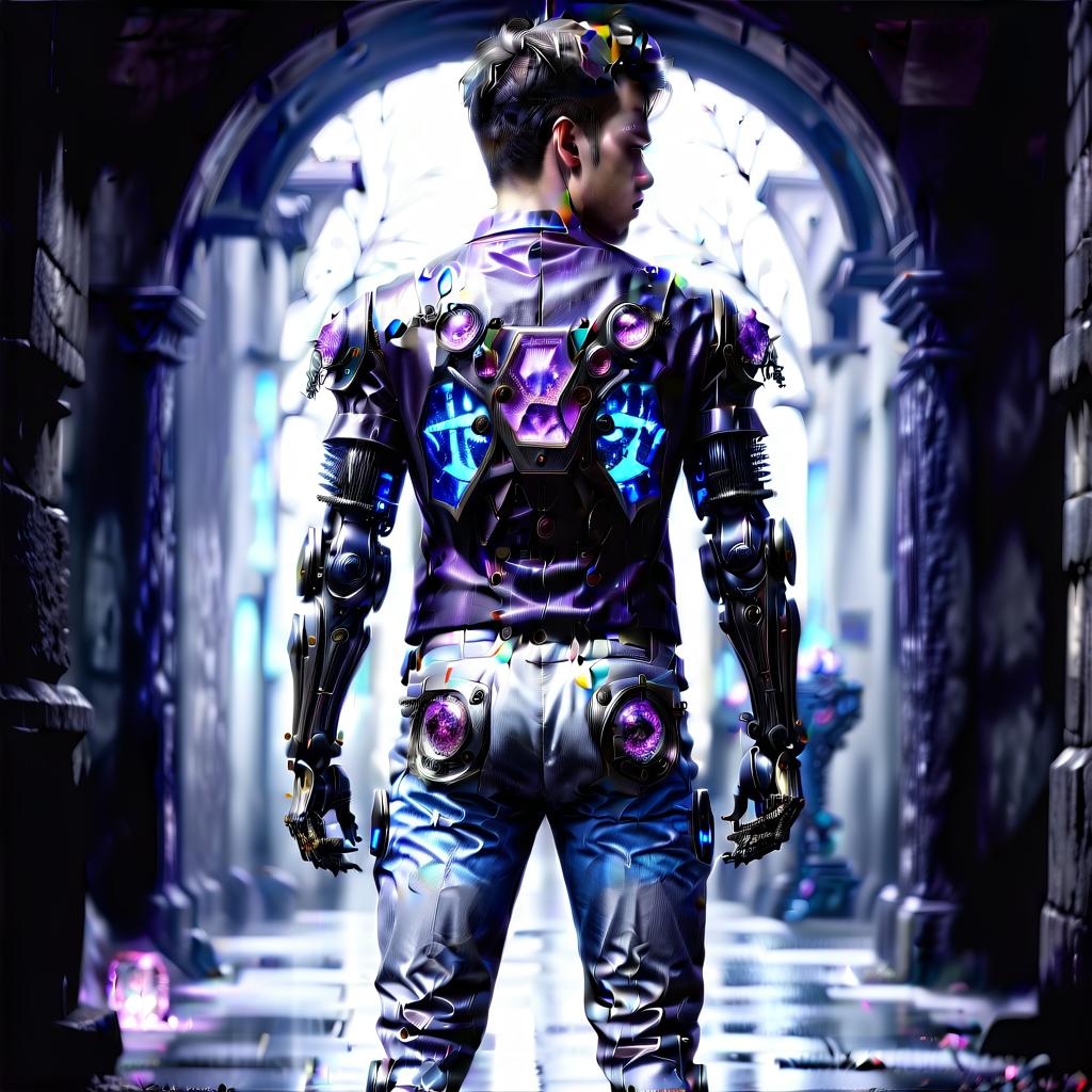  macabre style full length photo, gray robot man, blue shorts, white shirt, bright purple crystals on the back. . dark, gothic, grim, haunting, highly detailed, perfecteyes, hkmagic, glowneon, civitai