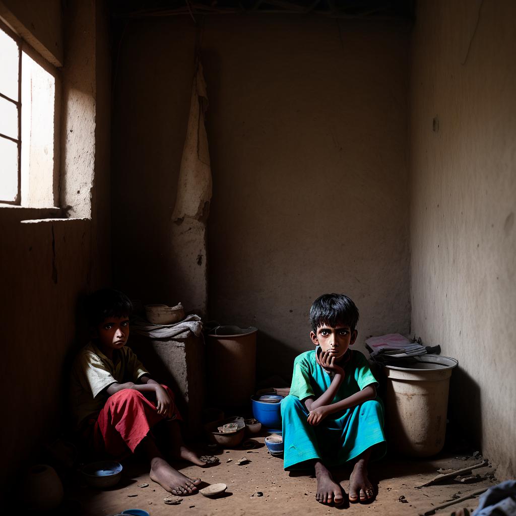  an image of one poor child sitting in his home. the focus of image should be from front.