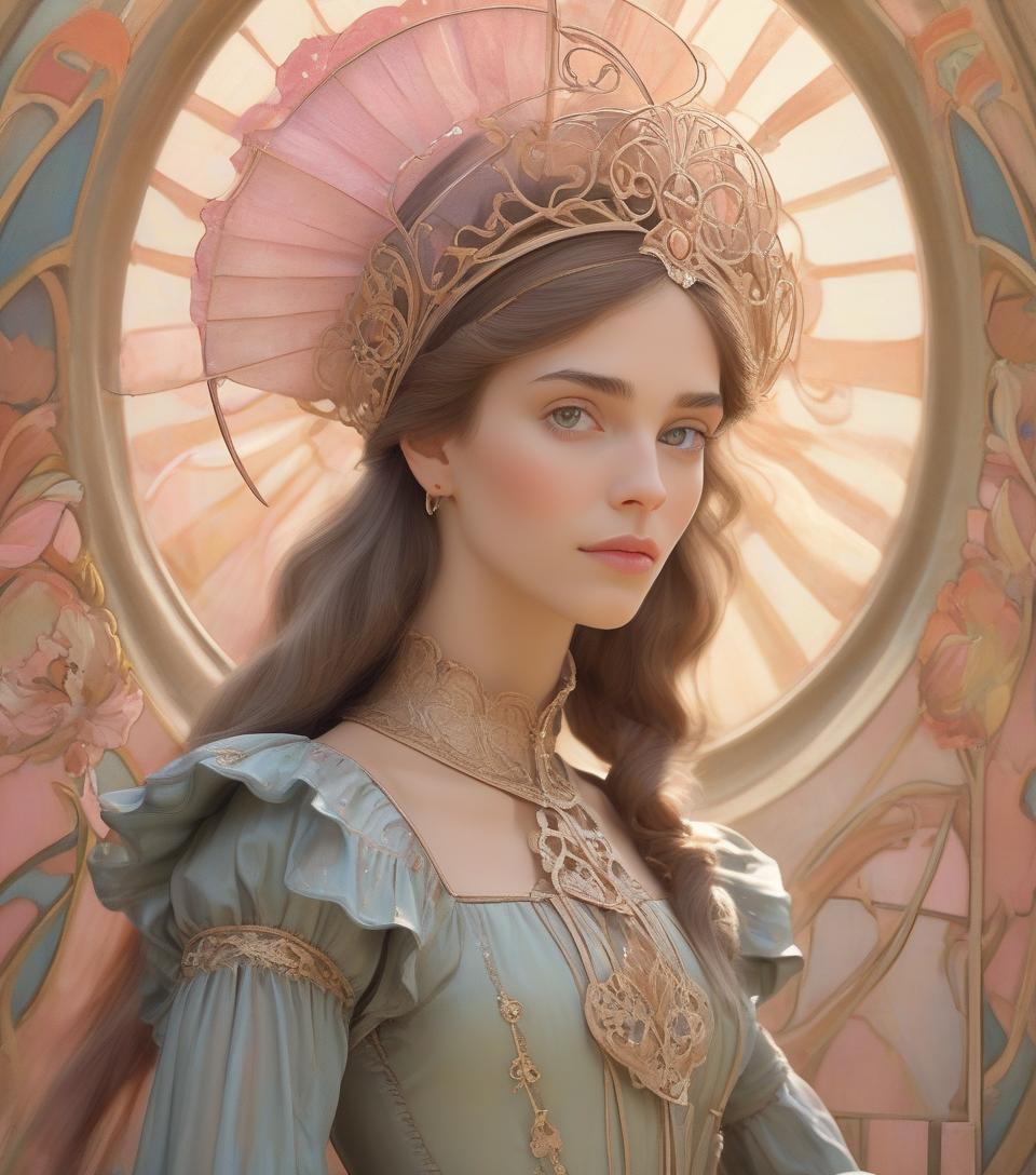  generate an art nouveau pastel painting of (((dulcinea))) as envisioned by don quixote, the love of his life. create a portrait that captures her timeless beauty, with soft natural lighting and a 85mm lens for a classic look. pay meticulous attention to detail, emphasizing the elegance of her attire and the enchantment in her eyes. render the scene with a high resolution to showcase her grace