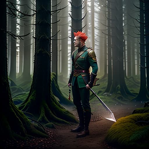  A young man with orange hair, braided into a small tail, stands among the forest with a sword in his hands. Around him there is fog and his eyes glow green in the mist., smooth , warm , cozy , by Chris Burkard , Alex Strohl , Elia Locardi , Benjamin Hardman , Lauren Bath hyperrealistic, full body, detailed clothing, highly detailed, cinematic lighting, stunningly beautiful, intricate, sharp focus, f/1. 8, 85mm, (centered image composition), (professionally color graded), ((bright soft diffused light)), volumetric fog, trending on instagram, trending on tumblr, HDR 4K, 8K