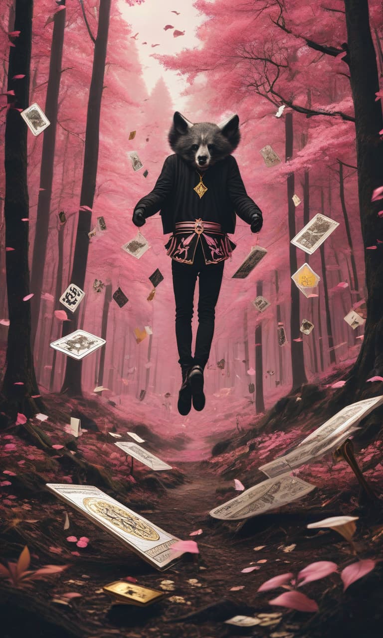  concept art tarot color pink, white, black, gold forest on the ground a bunch of logos artemy lebedev suspended by his legs upside down . digital artwork, illustrative, painterly, matte painting, highly detailed, perfect hands