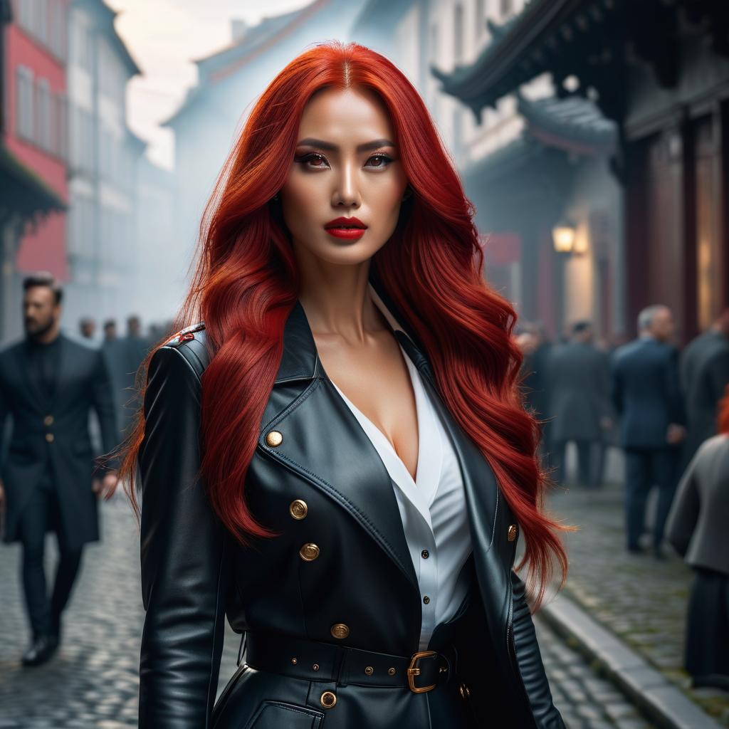  young with bright red long hair, european appearance with asian eyes, , full length hyperrealistic, full body, detailed clothing, highly detailed, cinematic lighting, stunningly beautiful, intricate, sharp focus, f/1. 8, 85mm, (centered image composition), (professionally color graded), ((bright soft diffused light)), volumetric fog, trending on instagram, trending on tumblr, HDR 4K, 8K