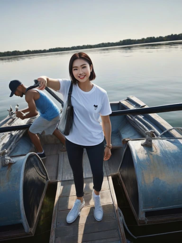  1 standing on boat. . big . remove shirt. big photo realistic, highly intricate and detailed, masterpiece, ultra high res,photography,8k resolution