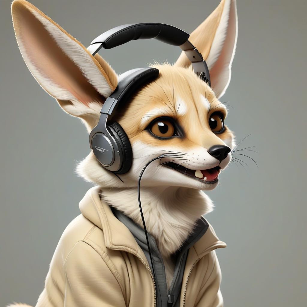  hyperrealistic art fennec in headphones, working in headphones, one head, smiling . extremely high resolution details, photographic, realism pushed to extreme, fine texture, incredibly lifelike