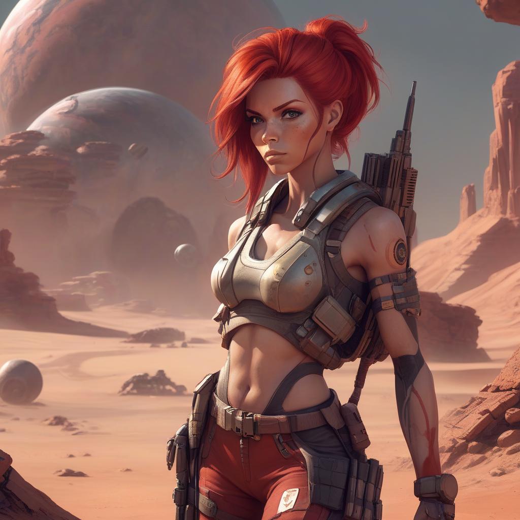  draw a full length female character, athletic build, red hair, the character lives on a distant colonized planet, specialization mercenary