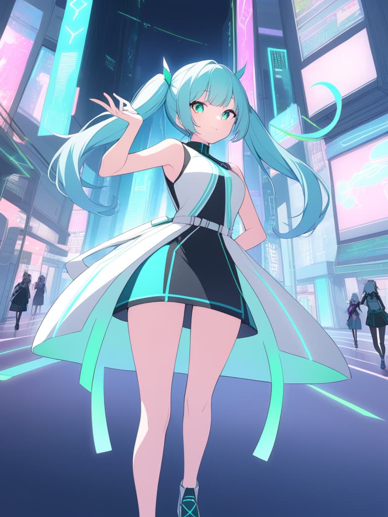  a cheerful,futuristic with long turquoise twin tails,wearing a short and a stylish sleeveless outfit,holding a green leek in one hand while standing in a dynamic pose. the background is a vint cityscape with glowing lights,giving off a cyber pop atmosphere