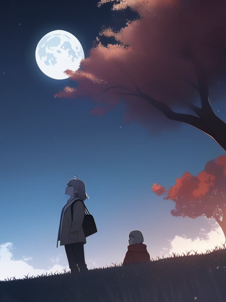  ((two people,man and woman,profile: 1.4)){big sky,night sky,full moon,((man and woman looking up at the moon,profile: 1.4)),park with beautiful autumn leaves}(blur effect),high resolution,absurd,adopted,