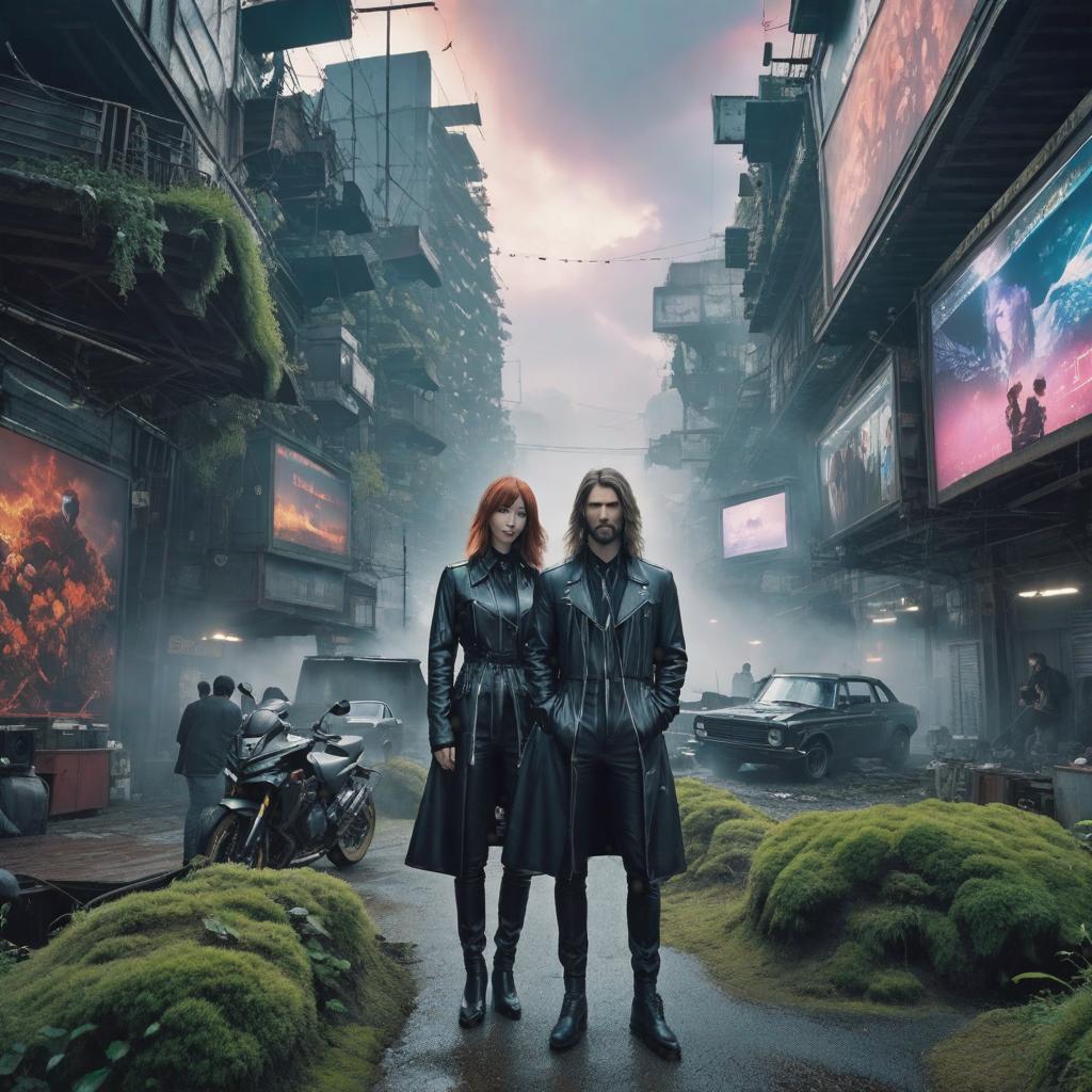  album cover splicor and aphex twins with a slight dystopian feel., ((anime)) hyperrealistic, full body, detailed clothing, highly detailed, cinematic lighting, stunningly beautiful, intricate, sharp focus, f/1. 8, 85mm, (centered image composition), (professionally color graded), ((bright soft diffused light)), volumetric fog, trending on instagram, trending on tumblr, HDR 4K, 8K