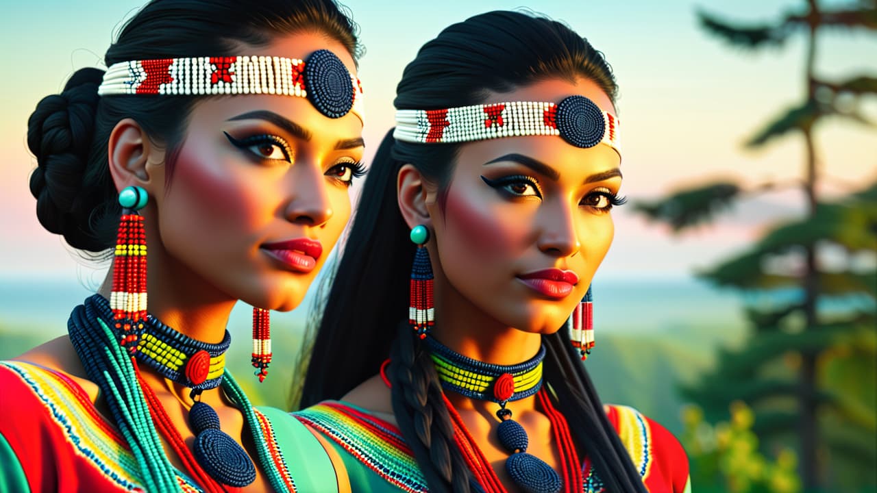  create an intricate close up of two distinct native american beadwork styles: vibrant geometric patterns of the plains tribes and delicate floral motifs from the eastern woodlands, showcasing rich colors and unique textures. hyperrealistic, full body, detailed clothing, highly detailed, cinematic lighting, stunningly beautiful, intricate, sharp focus, f/1. 8, 85mm, (centered image composition), (professionally color graded), ((bright soft diffused light)), volumetric fog, trending on instagram, trending on tumblr, HDR 4K, 8K