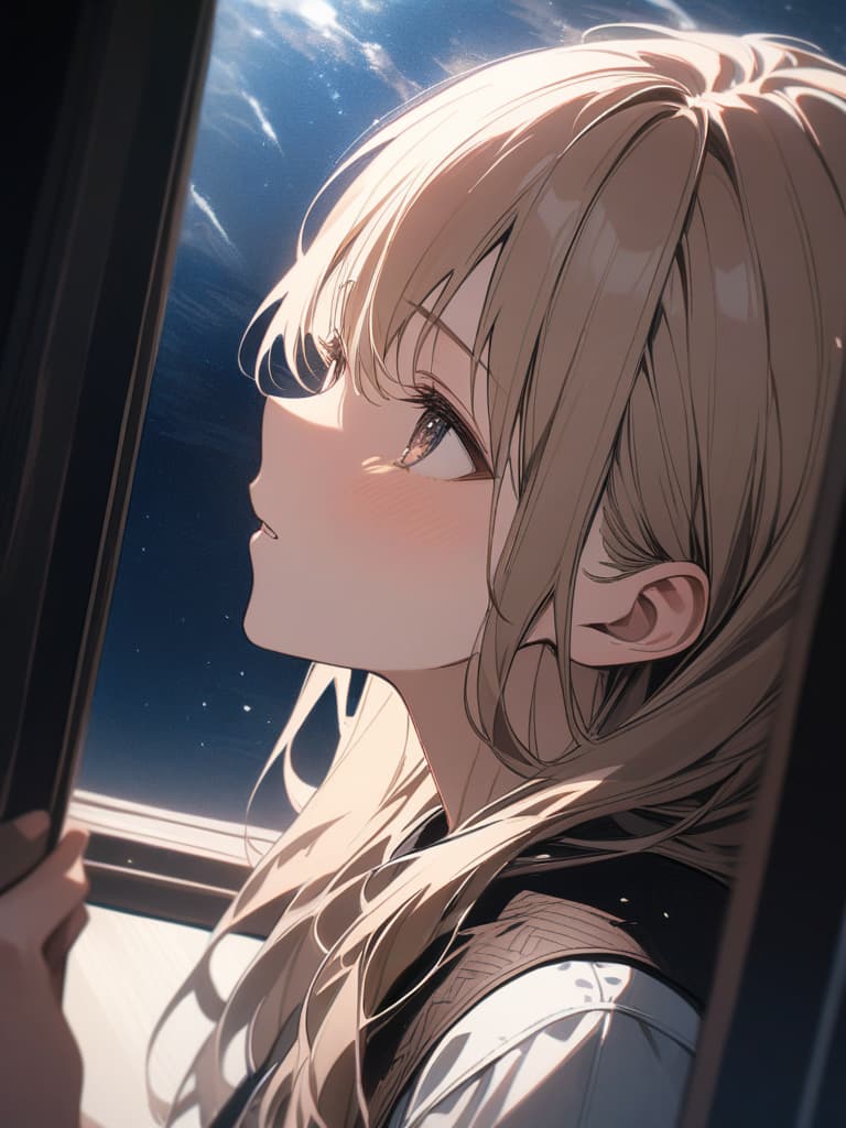  looking up from the window, the hair is blonde, the hair length is long, the sky is in the sky, the stars are visible, and a sad expression while looking a little far, masterpiece, best quality,8k,ultra detailed,high resolution,an extremely delicate and beautiful,hyper detail