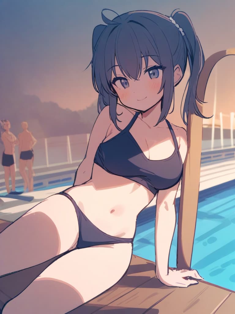  women's elementary students (male), twin tails, cute smiles, (rich s), short stature, dark blue swimwear, old swimwear, , simple, male stick upwards, (bulging), shaped clear , front, whole body, pool side,