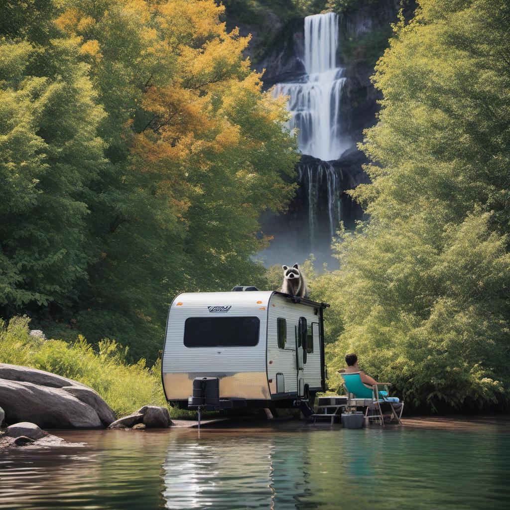  travel trailer with raccoon looking out the window next to a lake, profile image style