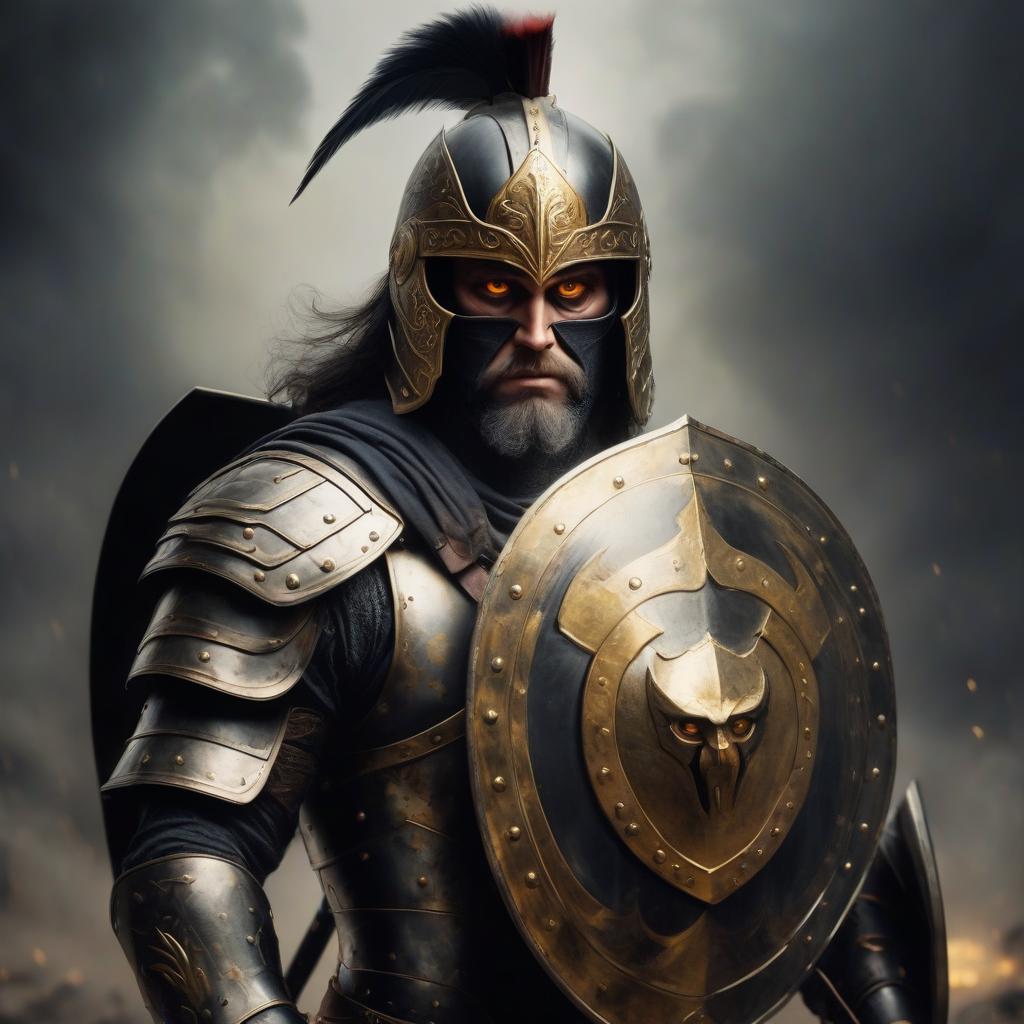  warrior in a helmet with a shield with golden eyes