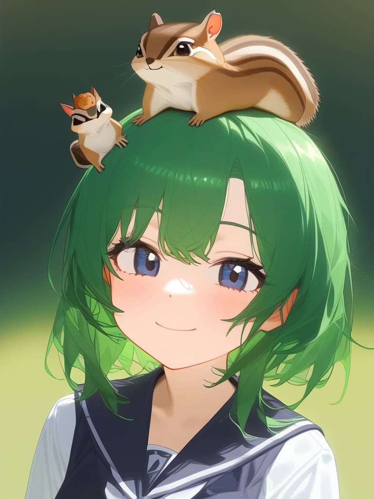  1girl,18yo,(((black high school uniform:1.5))),green hair, (((green graduated haircut hair:1.5))),(((very smile:1.3))),chipmunk,(((chipmunk on head:1.8)))