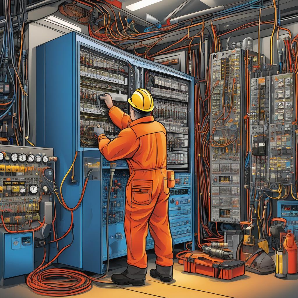  masterpiece, best quality,Ask for a caricature-style picture depicting workers maintaining electrical cabinets: In the center of the picture is a worker wearing blue overalls and an orange helmet. He is standing in front of a large open electrical cabinet, leaning forward slightly to inspect or repair the circuits and equipment inside the cabinet. The worker may be holding a tool, such as a multimeter. Complex wiring and various electronic components can be seen inside the electrical cabinet. The background can be a corner of a factory or repair shop, with tools hanging on the wall and tool boxes scattered on the floor. The overall picture is bright caricature style, with simple and powerful lines and bright colors. The worker's