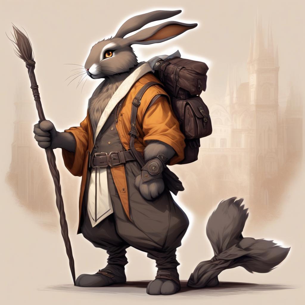  breathtaking slim bunny. its fur has a gray brown hue, which helps it remain invisible in the shade. his ears are long and mobile, always alert, catching the slightest sounds of the environment. the eyes of varian are deep amber color, full of determination and inner light. he wears simple but comfortable clothing consisting of a dark vest and wide pants, allowing him to move easily. . award winning, professional, highly detailed