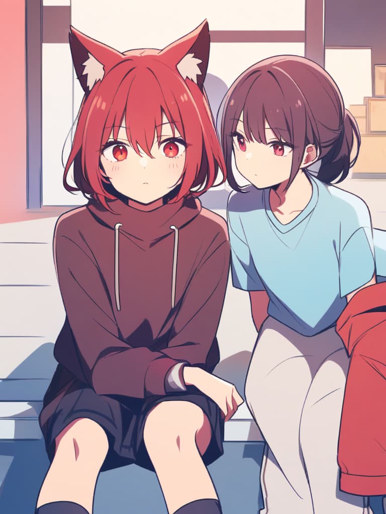  girls, wolf ears, red hair, medium hair, turn around, what happened? illustration from face, cool cute, outside, red clothes, red eyes, from head to knee