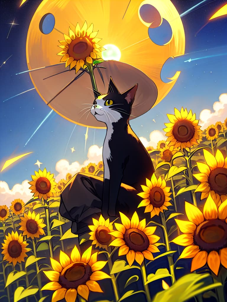  1cat，small cat ，sit and look up，sunflower flower facing upward ，sunflower field ，shooting star ，low angle，midnight，blue moon，