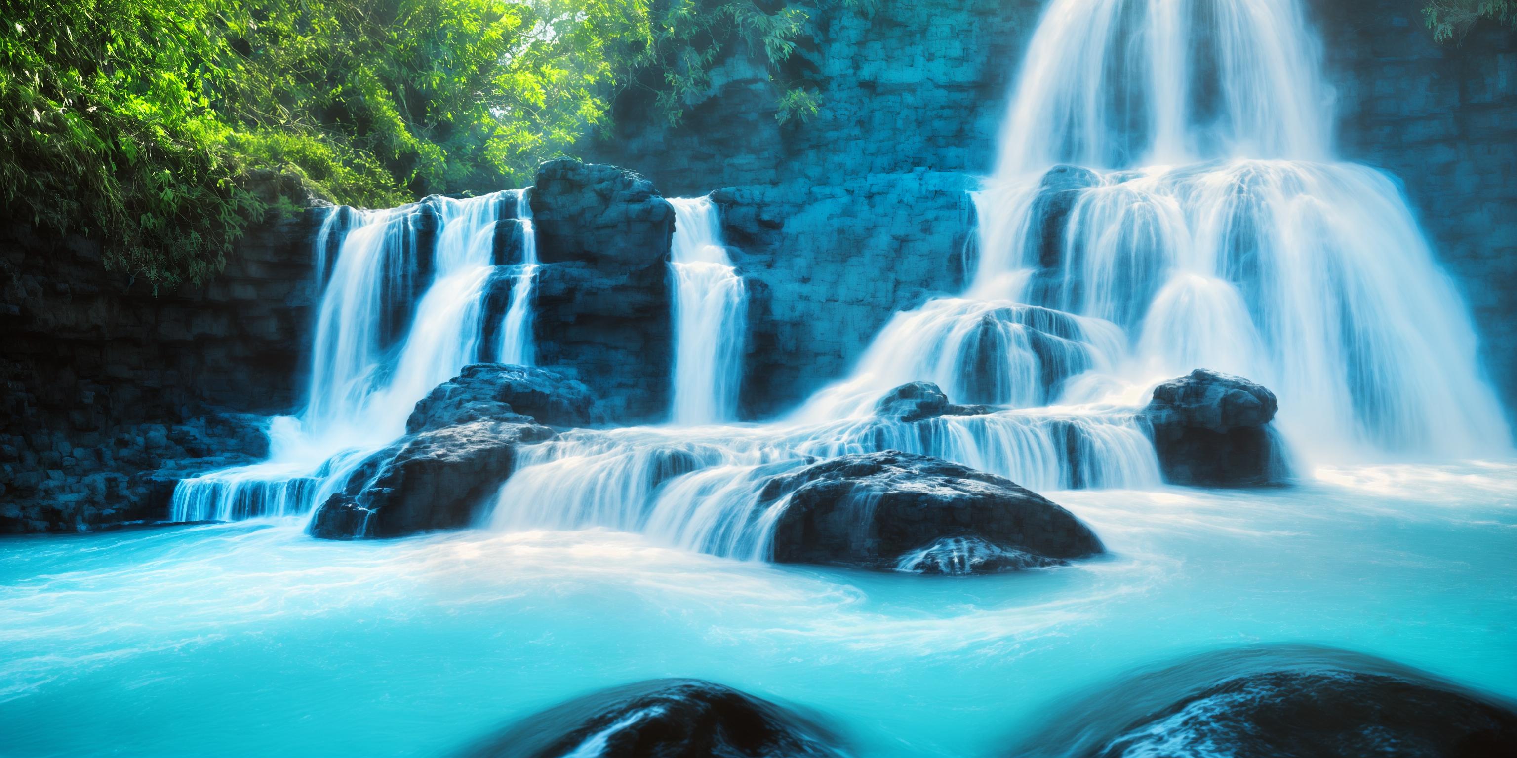  waterfall with strong blue and light blue colors with white water strong cyan colors