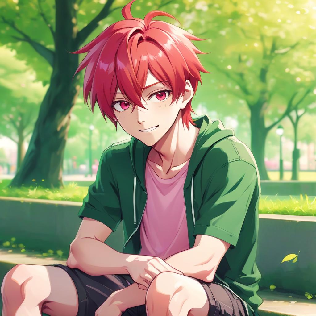  anime artwork a handsome anime guy with red hair, sitting at park, smirking, with a pink and green background, anime style . anime style, key visual, vibrant, studio anime, highly detailed