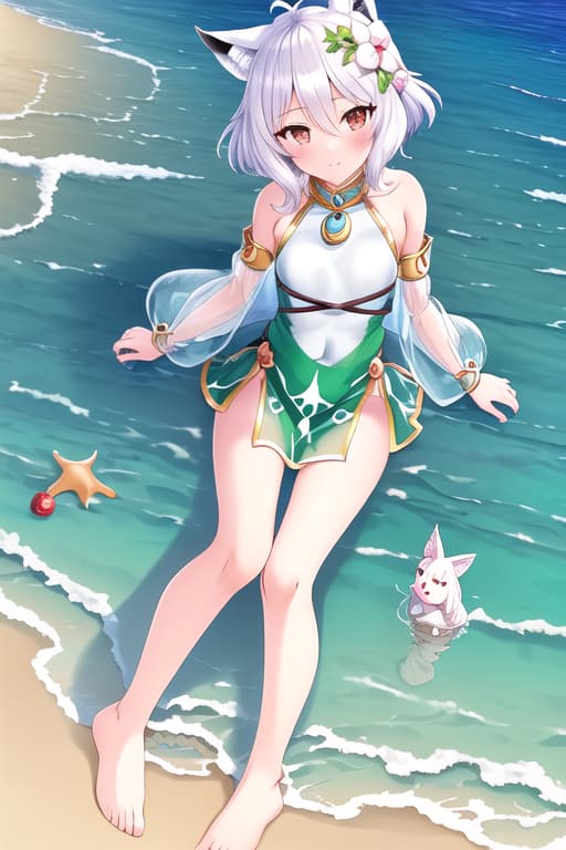  young women,fox ears,barefeet,full body,(kokkoro:1.3), (masterpiece), (highest quality), (intricate), (high detail),girl at beach, an extremely detailed illustration of a cute beautiful women on the sea beach, detailed water, masterpiece, best quality, high quality, solo