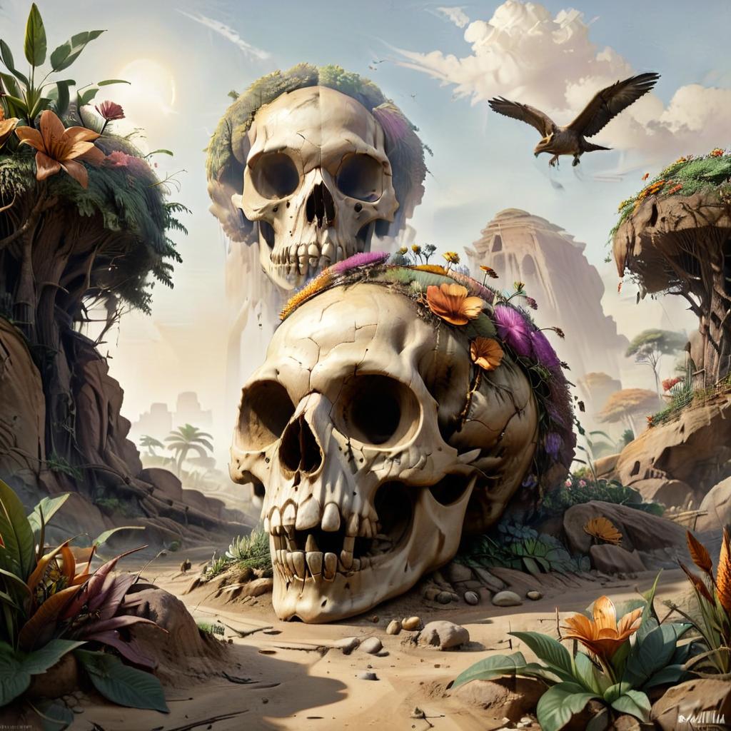  anime artwork a high quality splash art of a variety of biomes where flora and fauna thrive in explosive, vibrant ecosystems, growing on a skull that is sitting in a desert oasis biome with hyenas and lions sitting in the shade of the skull, with buzzards circling in the sky, the image showcases lashill art techniques combined with the soft, flowing textures of watercolour wash, emphasizing the richness and diversity of life. the overall aesthetic is inspired by bloomcore, naturecore, and springcore elements, creating a harmonious blend of vibrant colors and organic shapes. in this unique ecopunk setting, the skull serves as a central focal point, adorned with lush vegetation, colorful flowers, and a myriad of creatures. the biomes surround