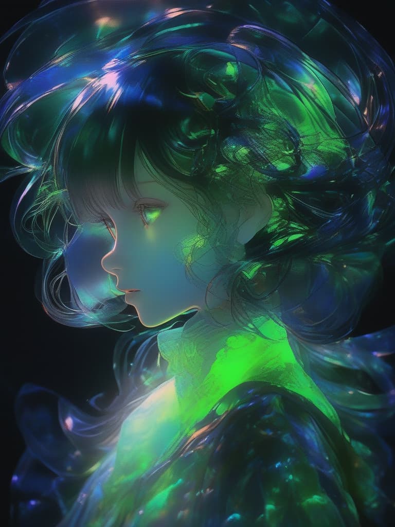  masterpiece,super high quality,super delicate,green light hologram girl,3d,stereoscopic image,digital,(((translucent))),glowing outer frame,(((3d))),jet black background