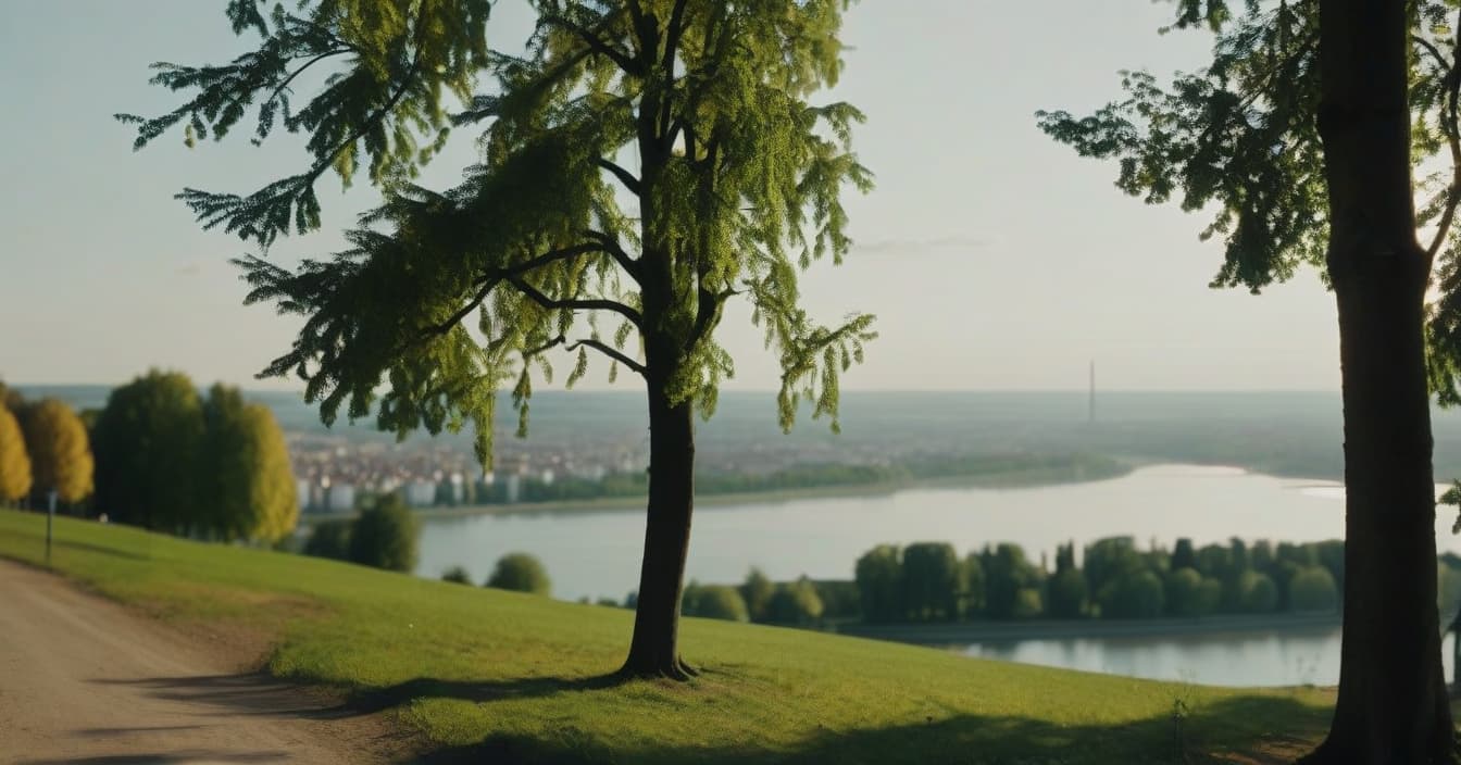  cinematic photo realistic landscape on the hill, metropolis in the distance, left and right linden trees, sunny day, park, lake reflects trees, cinematic . 35mm photograph, film, bokeh, professional, 4k, highly detailed