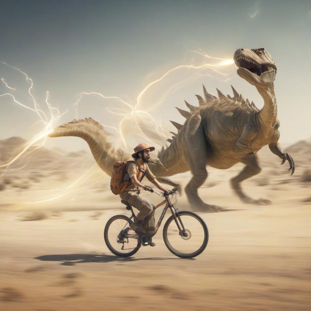  long exposure photo of the protagonist of the computer game, yandex courier in the desert, full length, brave, exhausted, on a bicycle, fighting with dinosaurs, . blurred motion, streaks of light, surreal, dreamy, ghosting effect, highly detailed