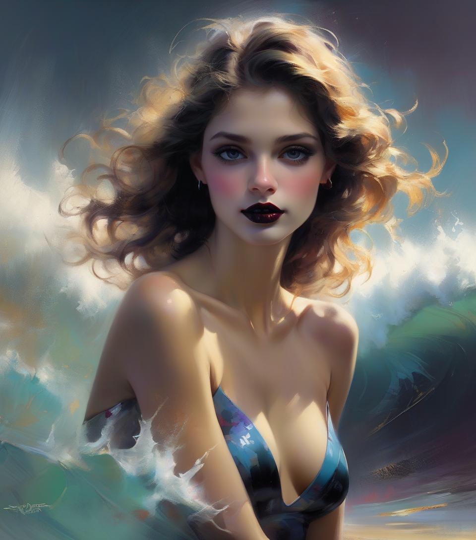  portrait by pino daeni, vladimir volegov, alberto seveso, surfer woman, with voluminous , detailed background, dark art, black lipstick, perfect details, night, colorful, cute, perfect face