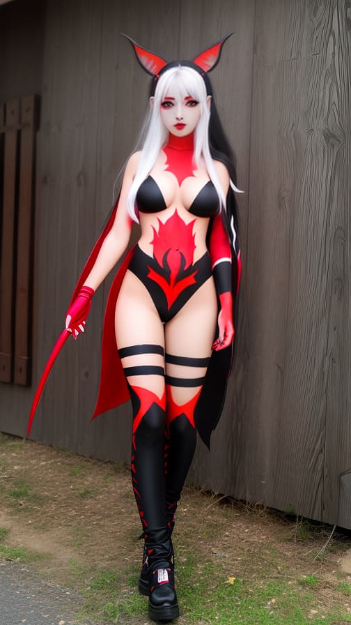  Full body red and Black flame pattern body paint, White body paint on the whole body, White face paint on the face, Dark elf 女の子