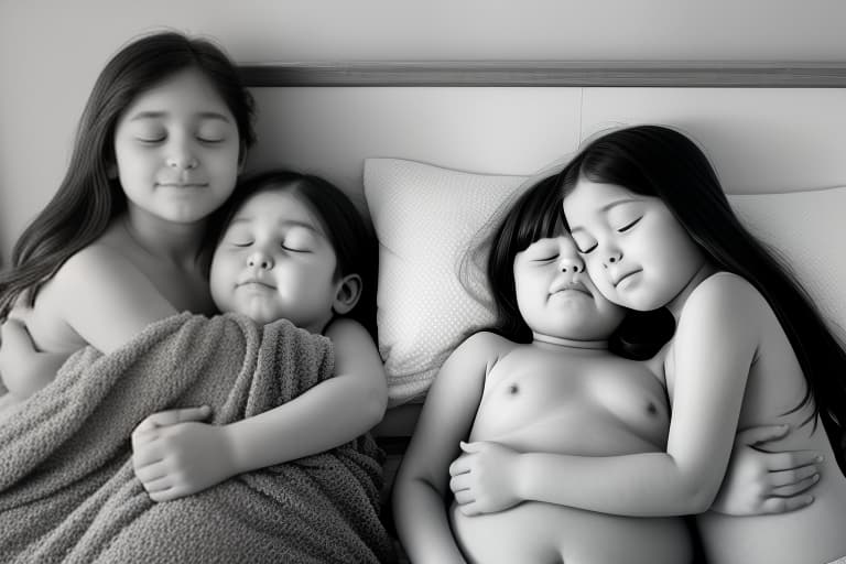  sisters' love . the sisters are lying next to them. they hug and each other on the lips. lips . cheeks are plump. noses are small, snub nosed. the faces are beautiful. eyes closed. huge busts. hugs. the . bodies , no clothes. . in the bedroom.