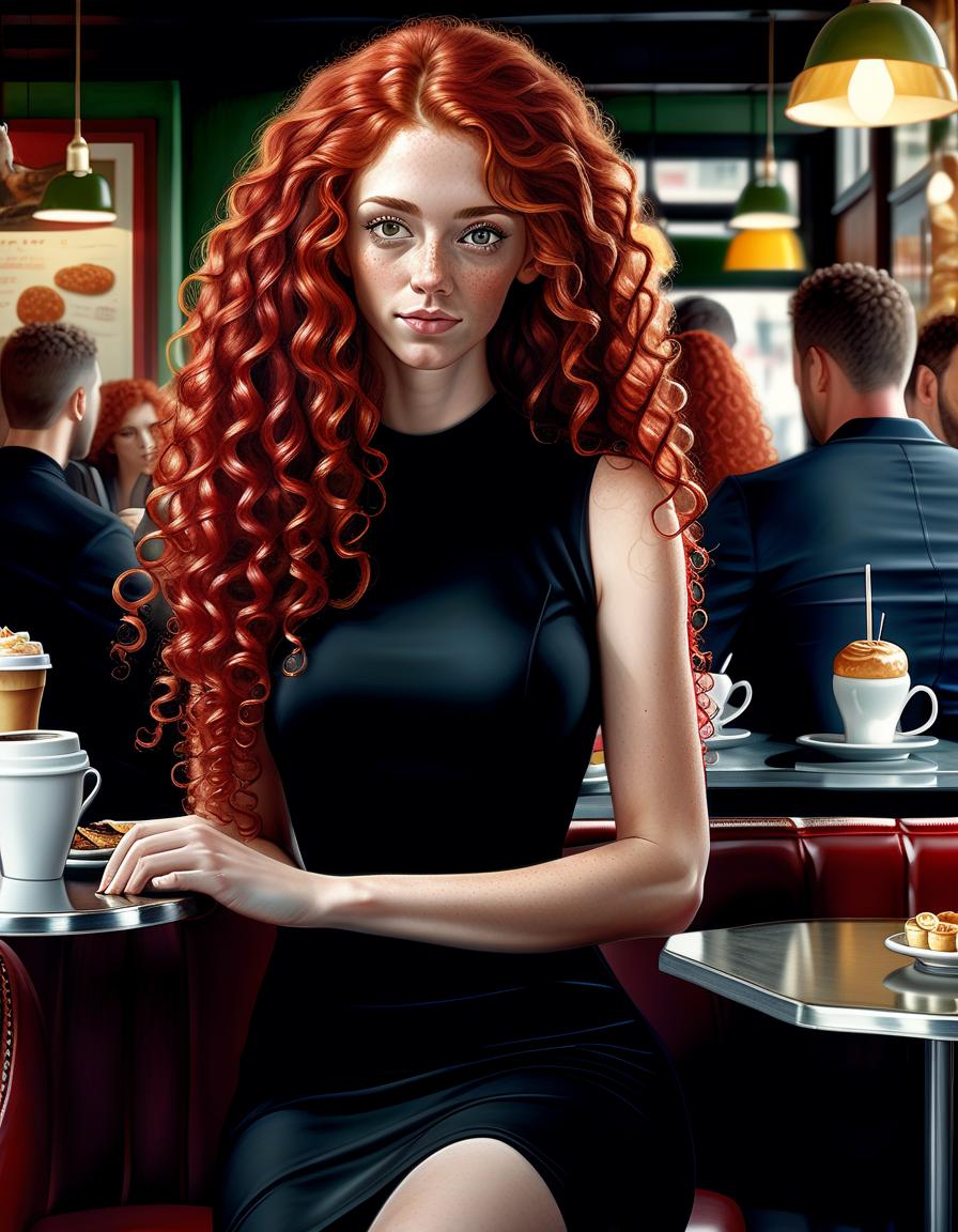  hyperrealistic art a with red long curly hair, giant s, a giant bulging , in a black dress, full height, in a cafe . extremely high resolution details, photographic, realism pushed to extreme, fine texture, incredibly lifelike