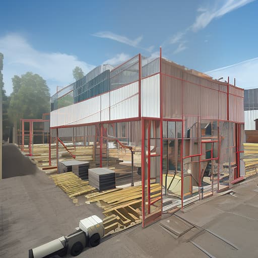  construction of a small industrial warehouse, view from the side, part in the section