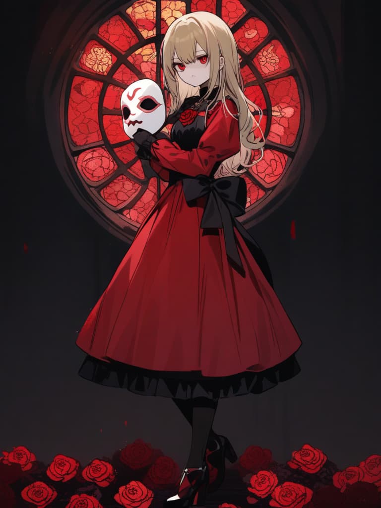  young lady,face turned to the side,she turns her gaze this way,painful face,long blonde hair,holding a mask in hand,black and red dress,black tights,heeled shoes,the stems of the roses are clinging,blooming red rose,red stained glass in the background,uneasy atmosphere,