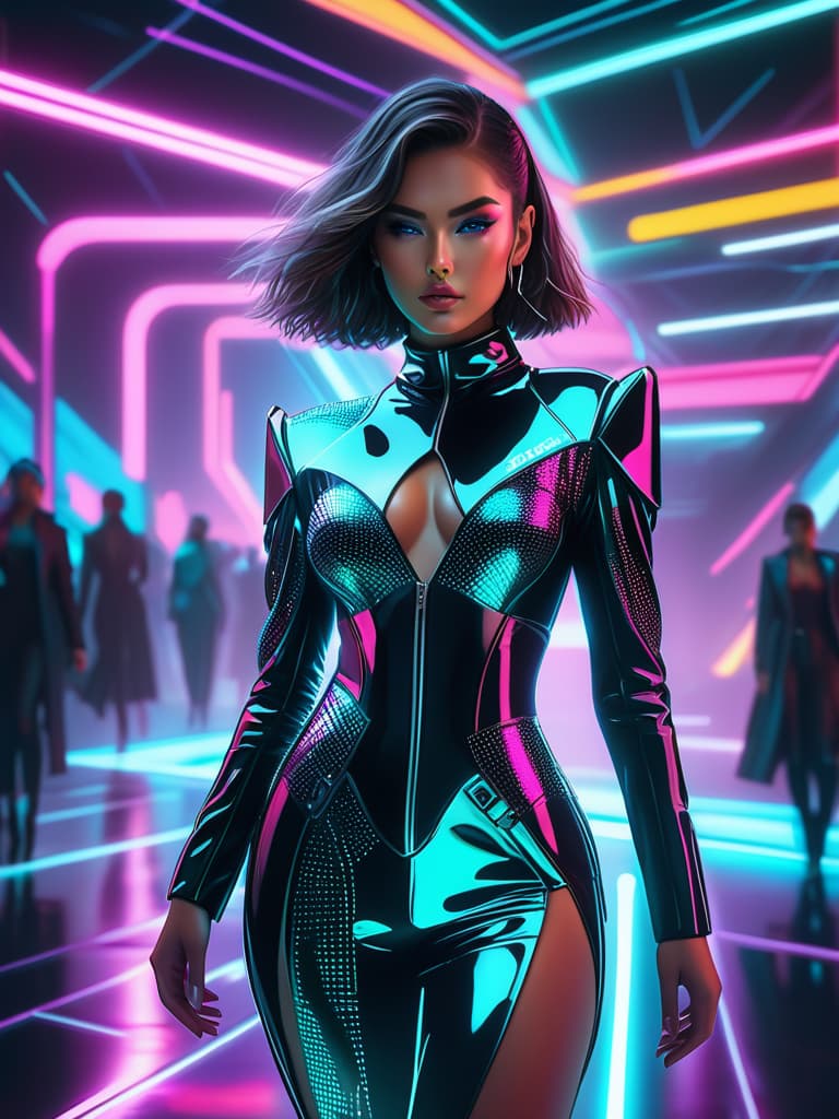  female, android, elegant, clothing, fashion show, futuristic, digital illustration, anime style, sparkly outfit, fashion runway, high tech design, cyberpunk, dynamic pose, neon lights, art station, dramatic lighting, medium shot, digital render, highly detailed, 4k resolution, camera 50mm lens, futuristic theme, runway model. summarized text: a female android in an elegant outfit walks the fashion show runway in a futuristic setting. the digital illustration features a cyberpunk inspired look with sparkly details, dynamic posing under neon lights. the medium shot is highly detailed with a 4k resolution and dramatic lighting.