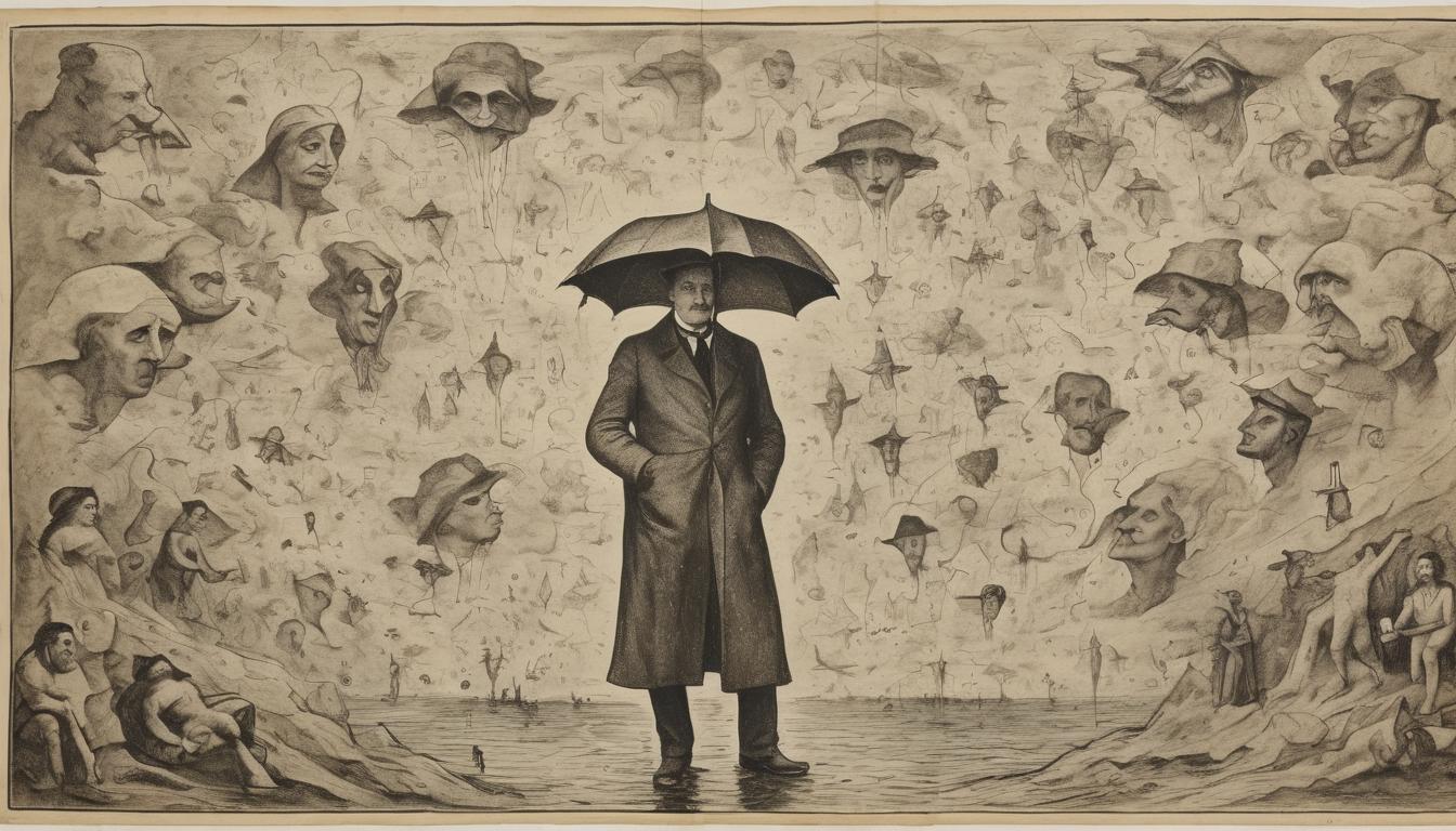  on parchment, surrealism++, a figure standing in rain, surrounded by mocking faces, composed amidst chaos, part of the plan(mysterious, provocative, symbolic)++