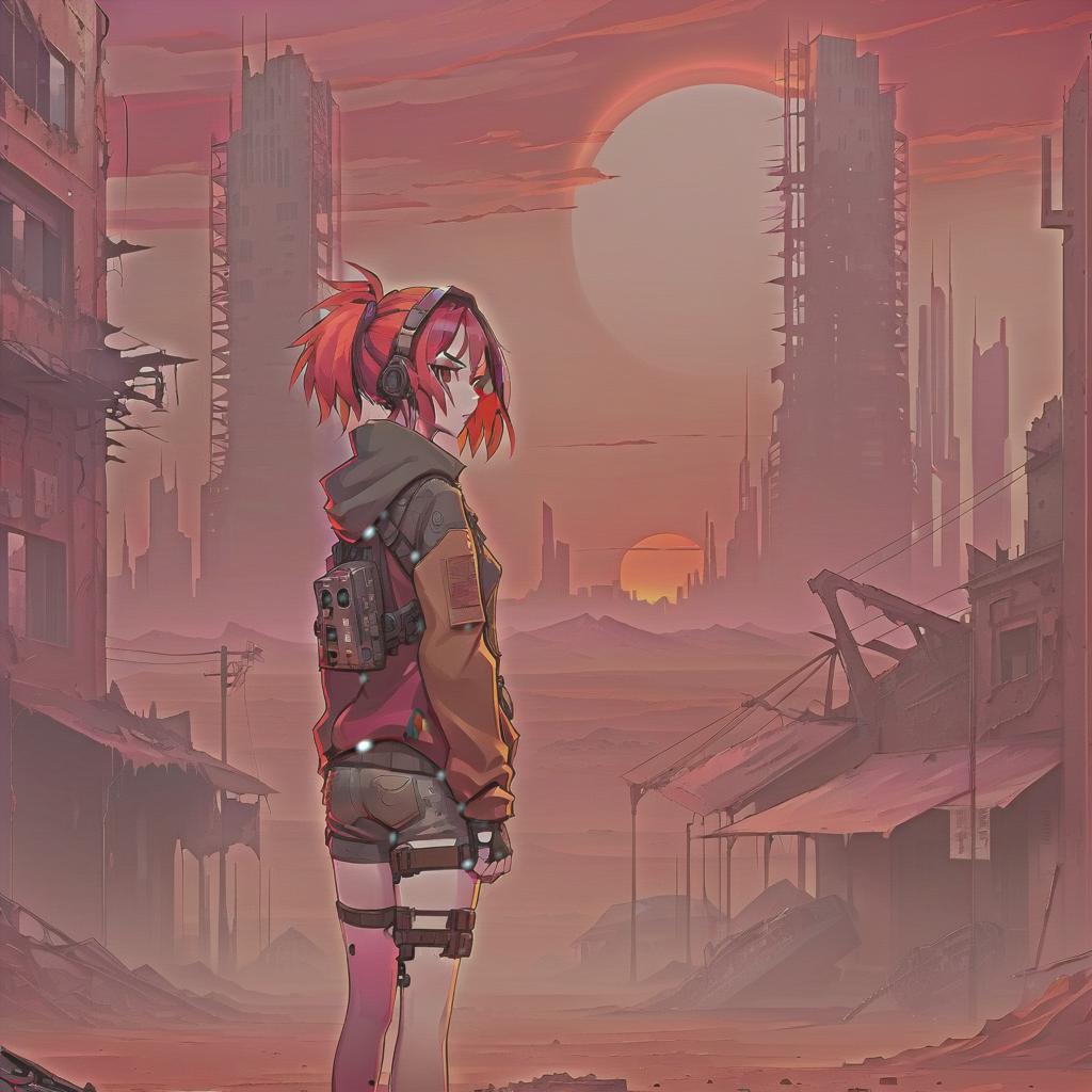  anime artwork image of post apocalyptic landscape, woman standing, in a clothes, the red sunset on the backround with a cyberpunk ruined buildings, in a orange desert, cyberpunk art, anime style . anime style, key visual, vibrant, studio anime, highly detailed