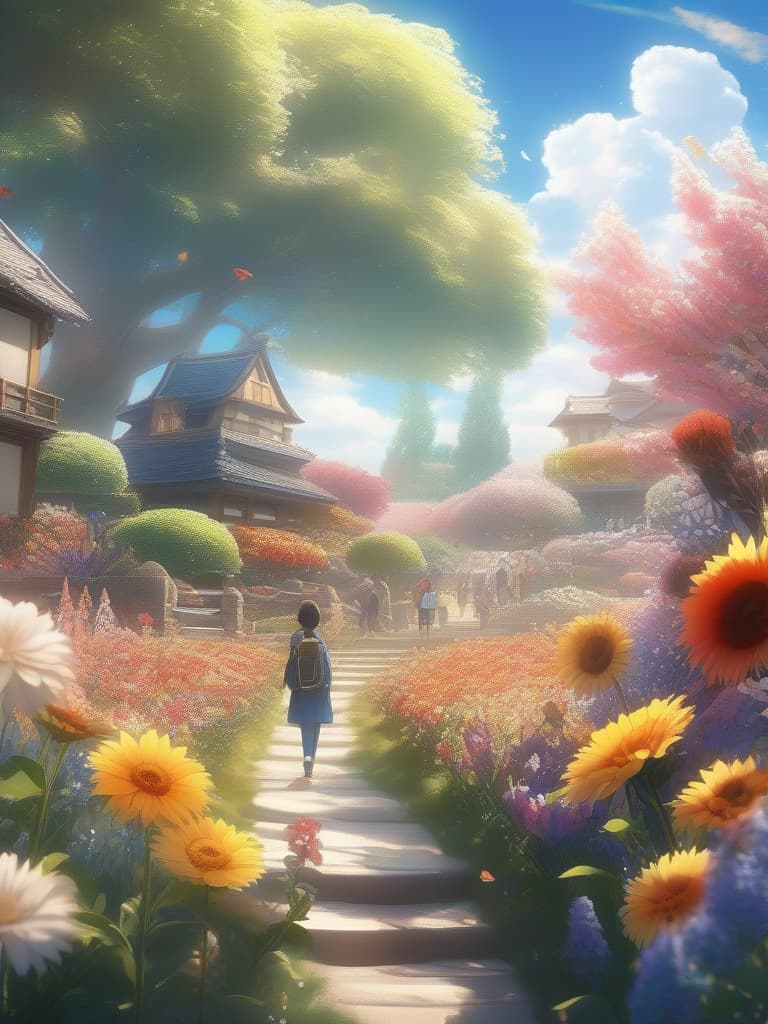  the background is a flower garden, the sky is sunny, the back of a boy, smile, masterpiece, best quality,8k,ultra detailed,high resolution,an extremely delicate and beautiful,hyper detail