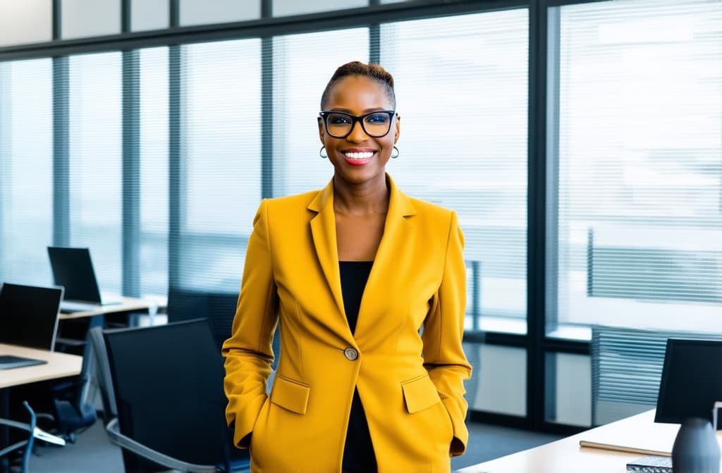  professional detailed photography, portrait of smiling businesswoman in mustard jacket and black glasses standing in open plan office. happy female professional executive manager, financial banking or marketing data. ar 3:2, (muted colors, dim colors, soothing tones), (vsco:0.3)