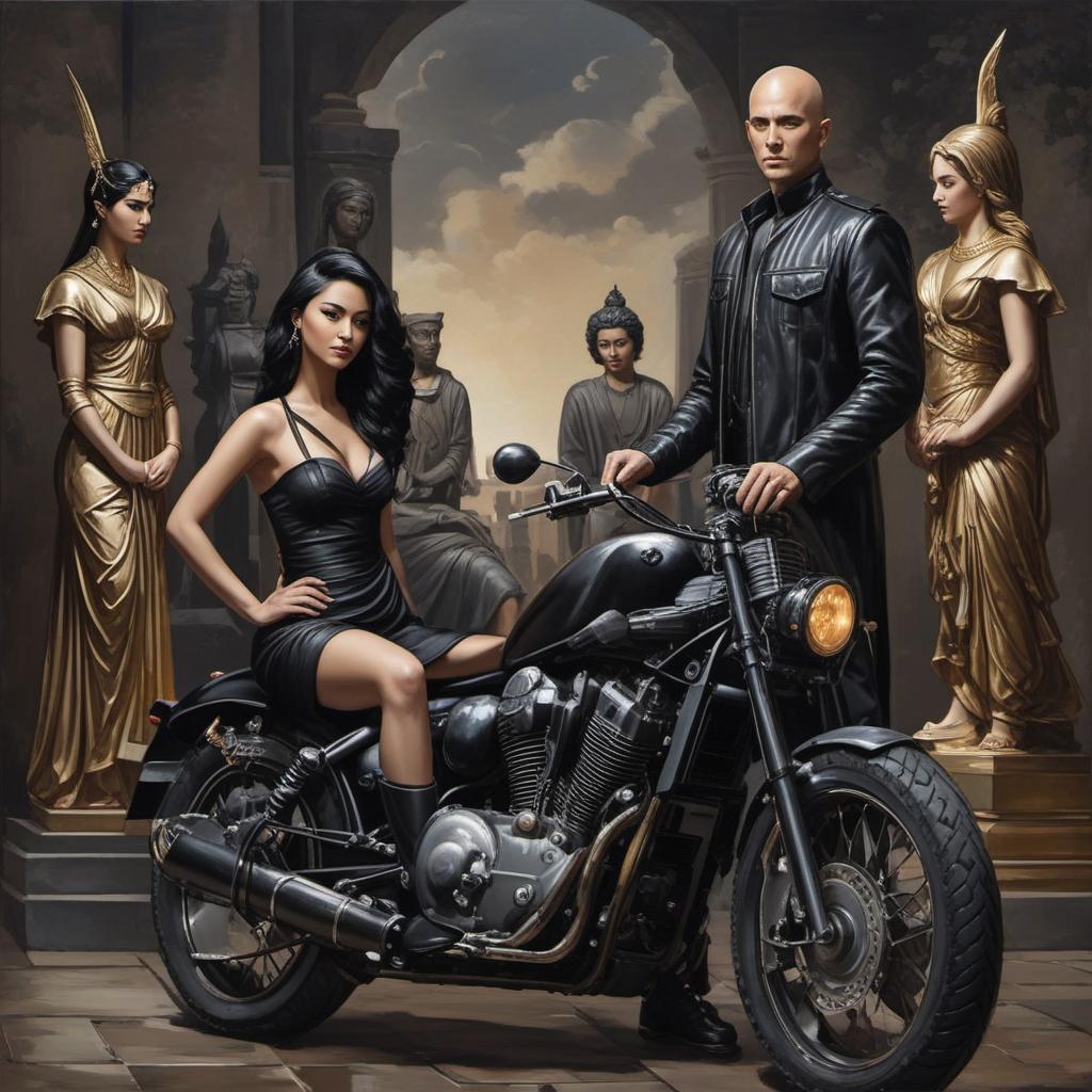  bold, no hair man sitting on a black motorcycle. women with black hair very long, straight,a black dress with statues standing next to him. back view, painting style