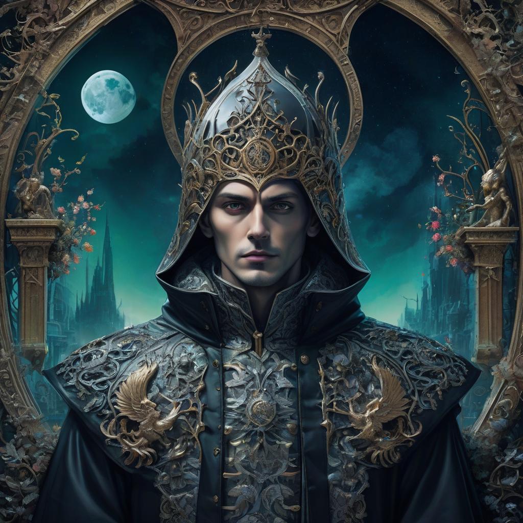  judge on the throne. black dungeon. a man in a cloak and hood. the man in the grotto. judge on the throne. black dungeon. moon. moonlight. big moon. silver rays. stylistics: intricate zentangle patterns in the manner of karol bak, rahaf dk albab, andrew jones. bright colors. high quality and detail. hdr. masterpiece. double exposure. iron castle. there is a moat in front of the castle. a castle in the mountains. a gloomy castle. baroque, rococo, cyberpunk. moon. moonlight. big moon. silver rays. futurism, cyberpunk, steampunk. strict lines. coat of arms with a double headed eagle. four colors: gold, green, blue, red. flowers: roses, bells. the coat of arms in the castle. lots of zigzags, laces. neon lights on the back. an air vortex in the 