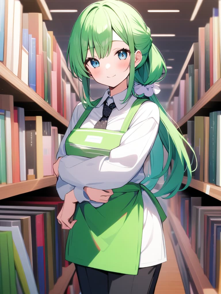  (hd:1.3),(4k 8k:1.5)apron,black pants,clothing,collared shirt,green apron,hair accessory,long sleeves,pants,polka dot pattern,long ponytail,scrunchie,shirt,tied hair,white shirt,blue eyes,green hair,(very smile:1.3),(blush:1.2),(inside a library filled with books) woman,long hair,standing