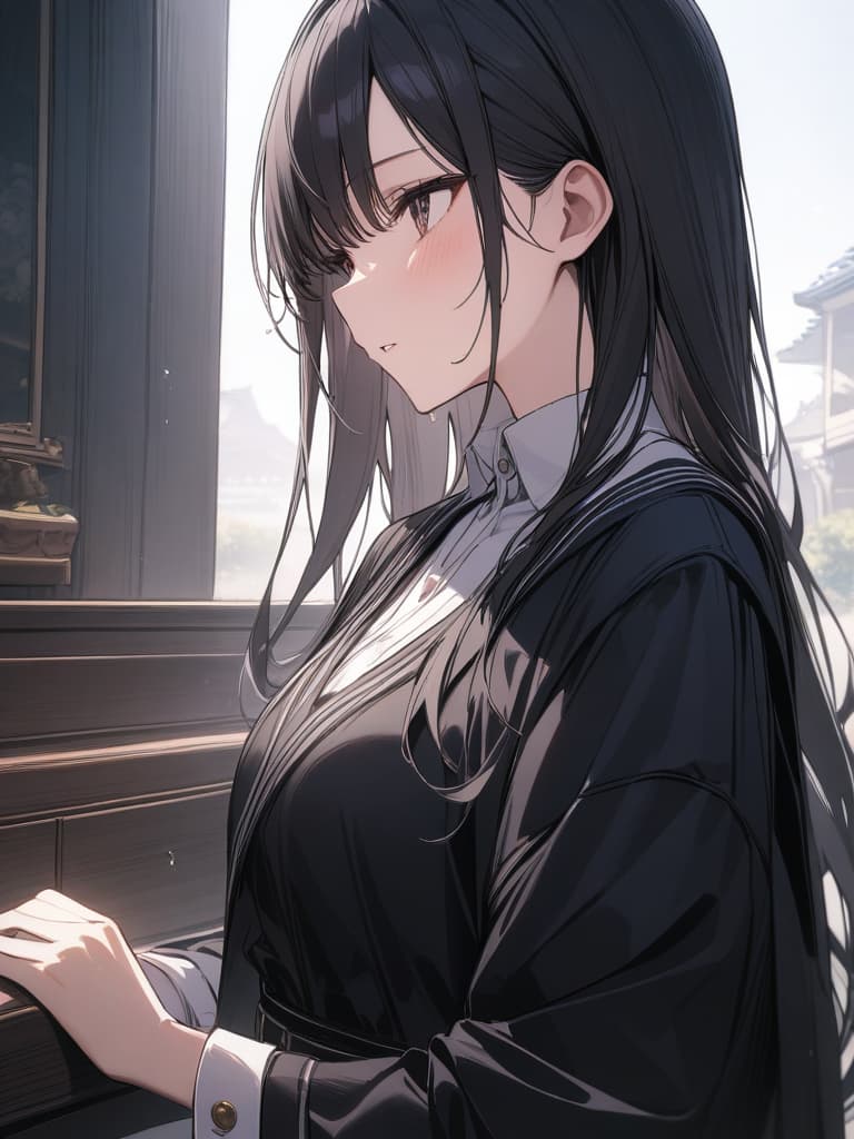  a young japanese woman with a big that seems to be cute, cute, cute, and a big woman with a big uniform, black hair, masterpiece, best quality,8k,ultra detailed,high resolution,an extremely delicate and beautiful,hyper detail