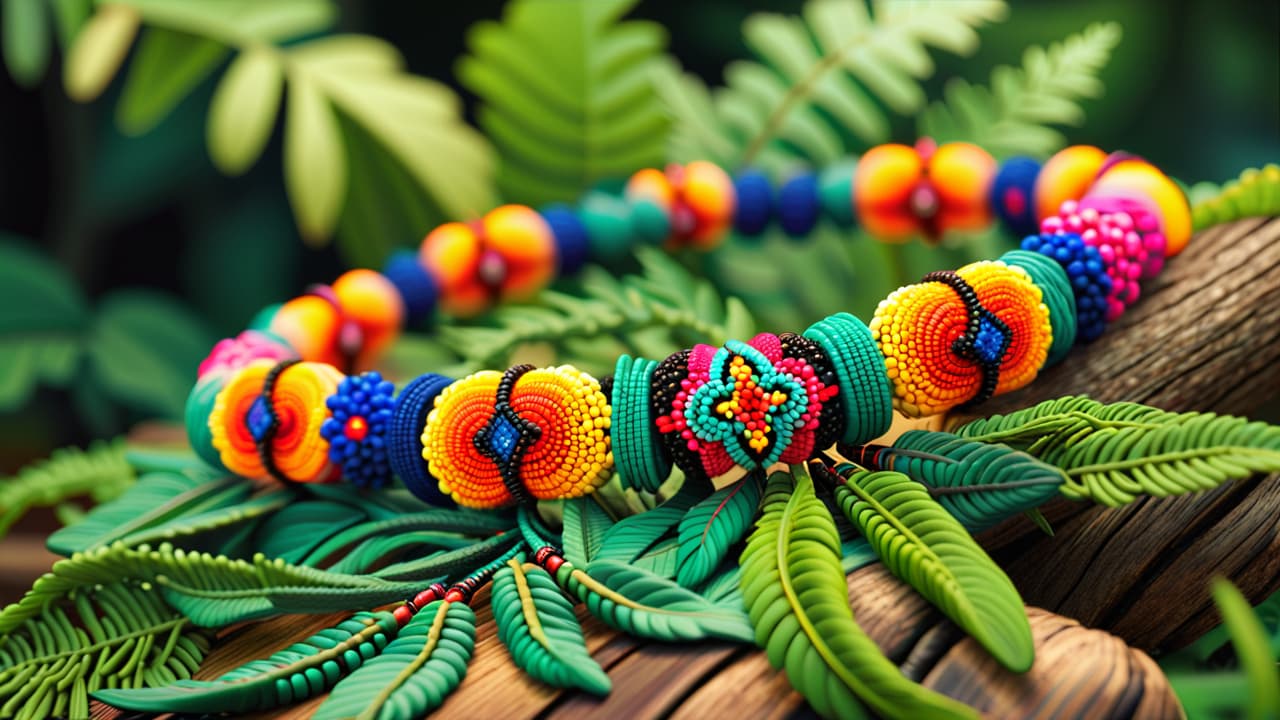  a vibrant display of intricate native american beadwork featuring colorful patterns, diverse shapes, and traditional motifs adorning jewelry and accessories, set against a natural backdrop of rustic wood and lush greenery. hyperrealistic, full body, detailed clothing, highly detailed, cinematic lighting, stunningly beautiful, intricate, sharp focus, f/1. 8, 85mm, (centered image composition), (professionally color graded), ((bright soft diffused light)), volumetric fog, trending on instagram, trending on tumblr, HDR 4K, 8K