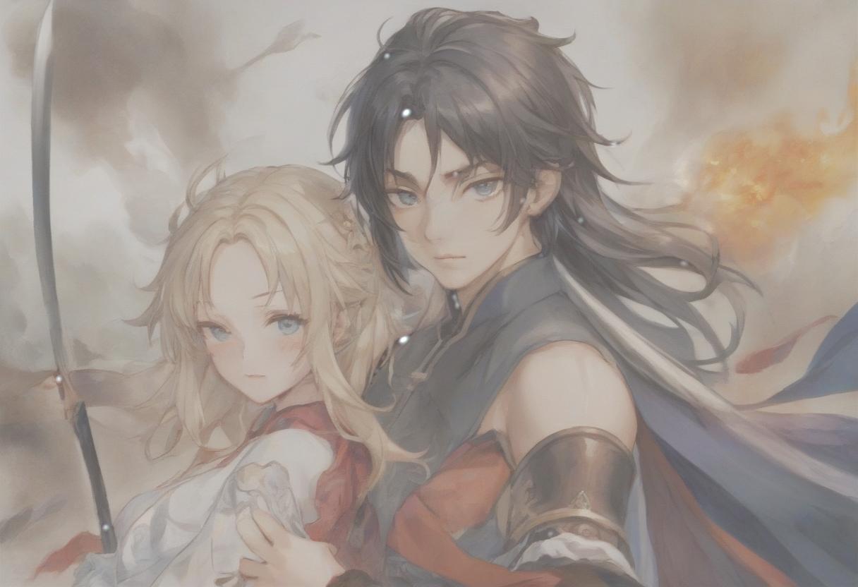  breathtaking realistic photo, two people, a character from the novel “system save yourself for the main hero”, lo binghe, a young man in black with an unassuming long sword behind his back. long black hair to the waist, red eyes, demonic mark on the forehead, next to him a girl is blonde, blonde hair to the shoulder blades, european face type, light skin, blue eyes, plump lips, small tummy at the bottom at the waist look up . award winning, professional, highly detailed, hkmagic