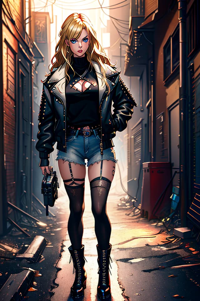  cute punk rock girl, mad max black jacket, renaissance, blonde, blue eyes, (young billie piper:0.2), loose hair in mane, out-of-focus background, alleys, hyperrealistic style, oil painting, fantasy by Olga Fedorova hyperrealistic, full body, detailed clothing, highly detailed, cinematic lighting, stunningly beautiful, intricate, sharp focus, f/1. 8, 85mm, (centered image composition), (professionally color graded), ((bright soft diffused light)), volumetric fog, trending on instagram, trending on tumblr, HDR 4K, 8K