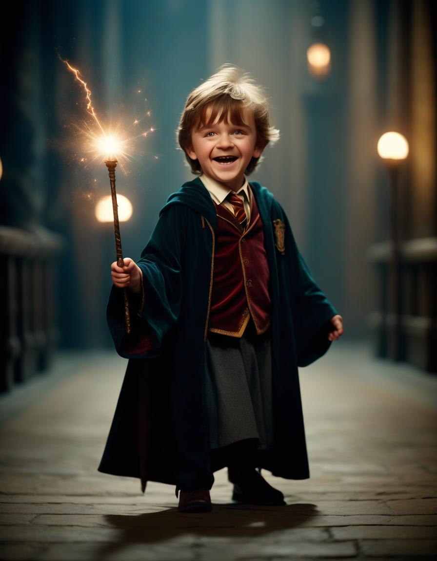  cinematic film still little wizard of hogwarts holds a magic wand. "" he looks at the camera. joyfully laughing . shallow depth of field, vignette, highly detailed, high budget, bokeh, cinemascope, moody, epic, gorgeous, film grain, grainy